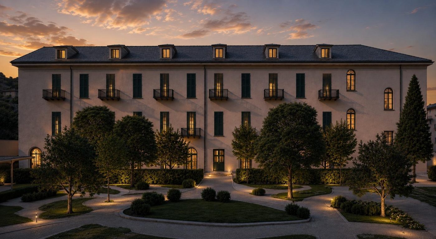 Rendering dello stesso prospetto al tramonto, con le finestre illuminate e i
                percorsi del giardino.
