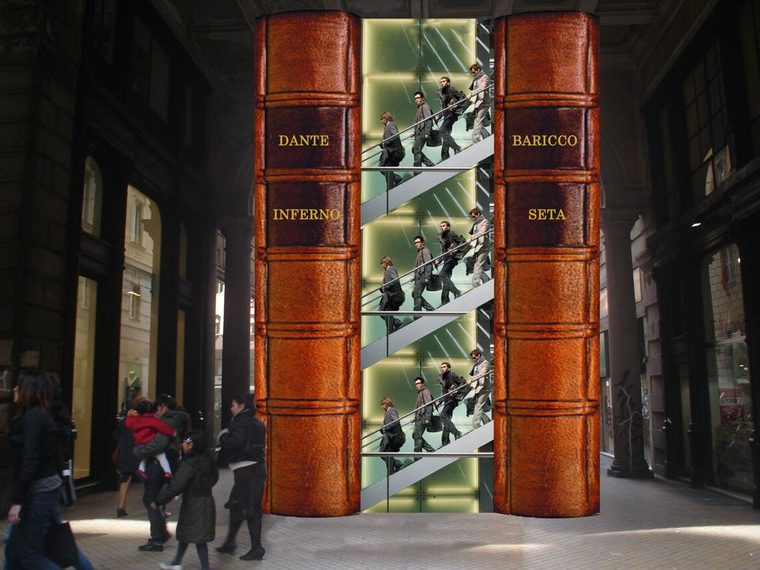 Rinnovo delle librerie sotto i portici e progettazione dei nuovi arredi espositivi per la Fiera del Libro, via XX Settembre, Galleria Mazzini.